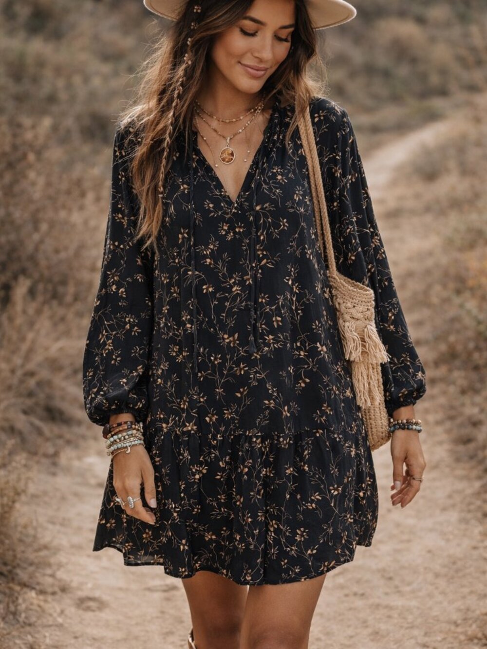 H&M Black Long Sleeve Floral Tunic Dress with Cream Print